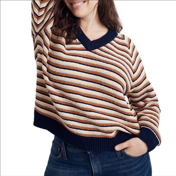 MADEWELL Arden cotton v-neck long-sleeved boxy fit striped sweater, size M. - Picture 3 of 8